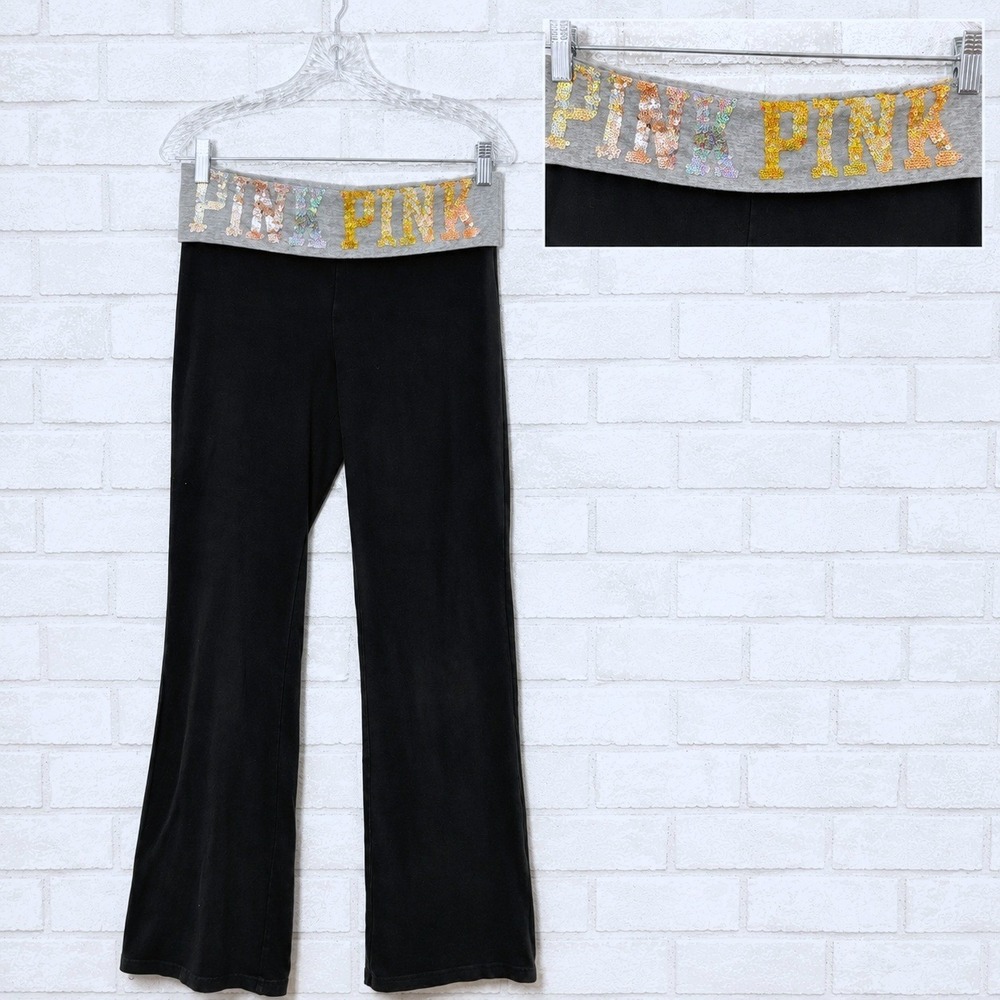 PINK Victoria Secret Y2K Low Rise Sequin Flare Yoga Pants Medium Foldover Bling